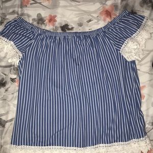 blue striped off the shoulders blouse